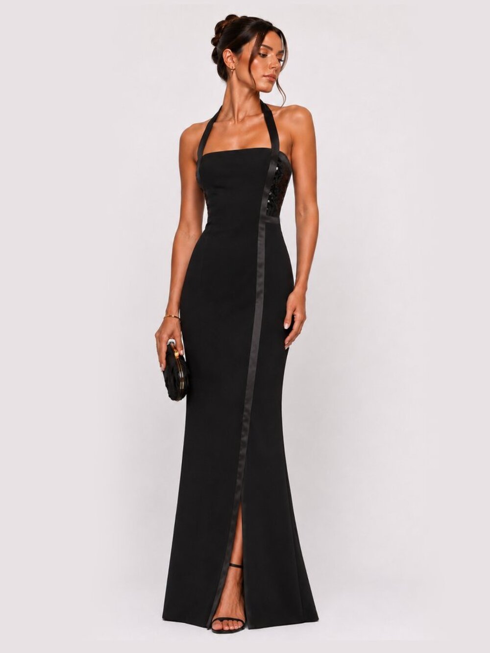 Vintage Escada Couture Black Silk Gown | Halter Maxi Dress, Sequined Back